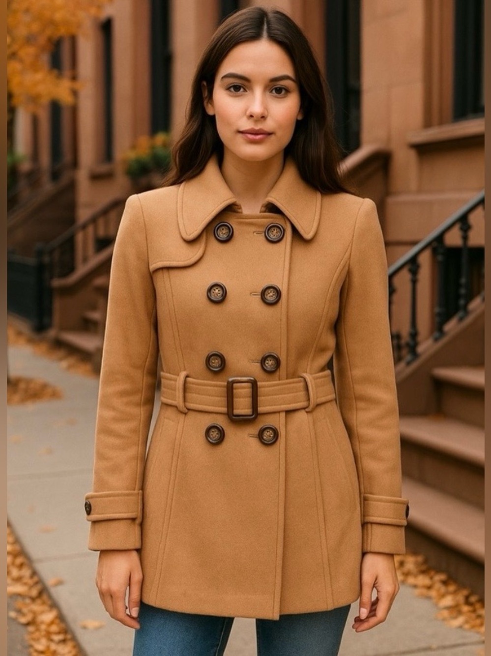 Moda International Camel Wool Blend Belted Peacoat Women’s Size S 6P Y2K Preppy
